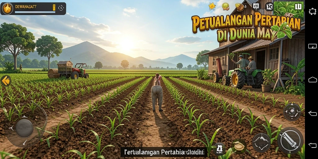 Tampilan gameplay DEWANAGA77 yang menampilkan suasana pertanian yang menawan.