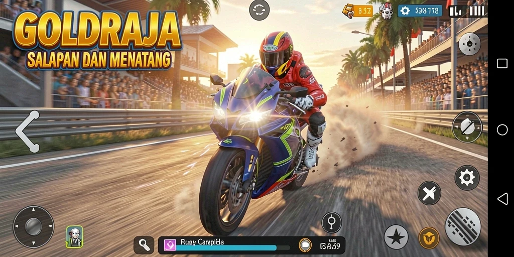 Screenshot GOLDRAJA menampilkan aksi balapan motor yang seru dan mendebarkan.