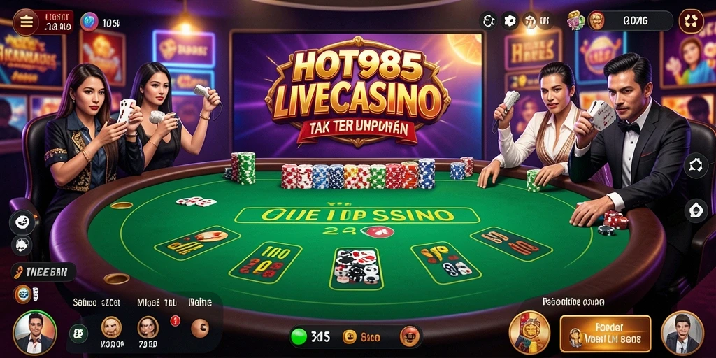 Screenshot gameplay HOT985 menampilkan dealer langsung yang ramah dan permainan yang mendebarkan.