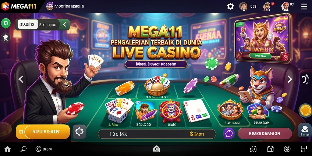 Tampilan screenshot MEGA111 menunjukkan dealer live dan gameplay yang mendebarkan.