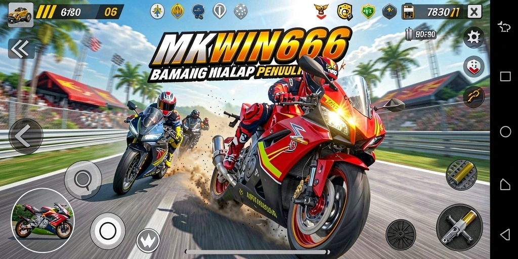 Tampilan aksi gameplay balap motor yang mendebarkan di MKWIN666.
