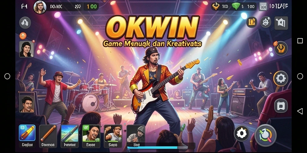 Tangkapan layar gameplay OKWIN menampilkan pengalaman musik yang seru.
