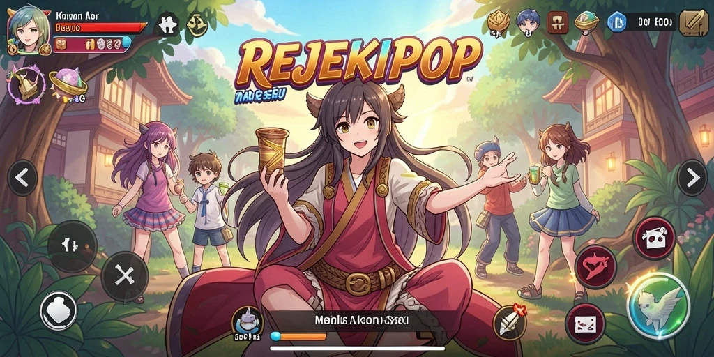 Tampilan gameplay REJEKIPOP yang penuh aksi dan karakter anime.